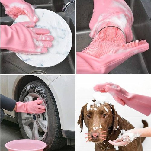 Pair Of Silicone Washing Full Finger Gloves For Home & Kitchen (random Colors)